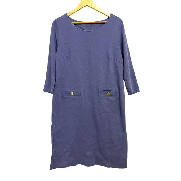 Talbots Dress Womens X Petite Blue Shift 3/4 Sleeve Cotton Pockets Gold Buttons - Picture 1 of 6